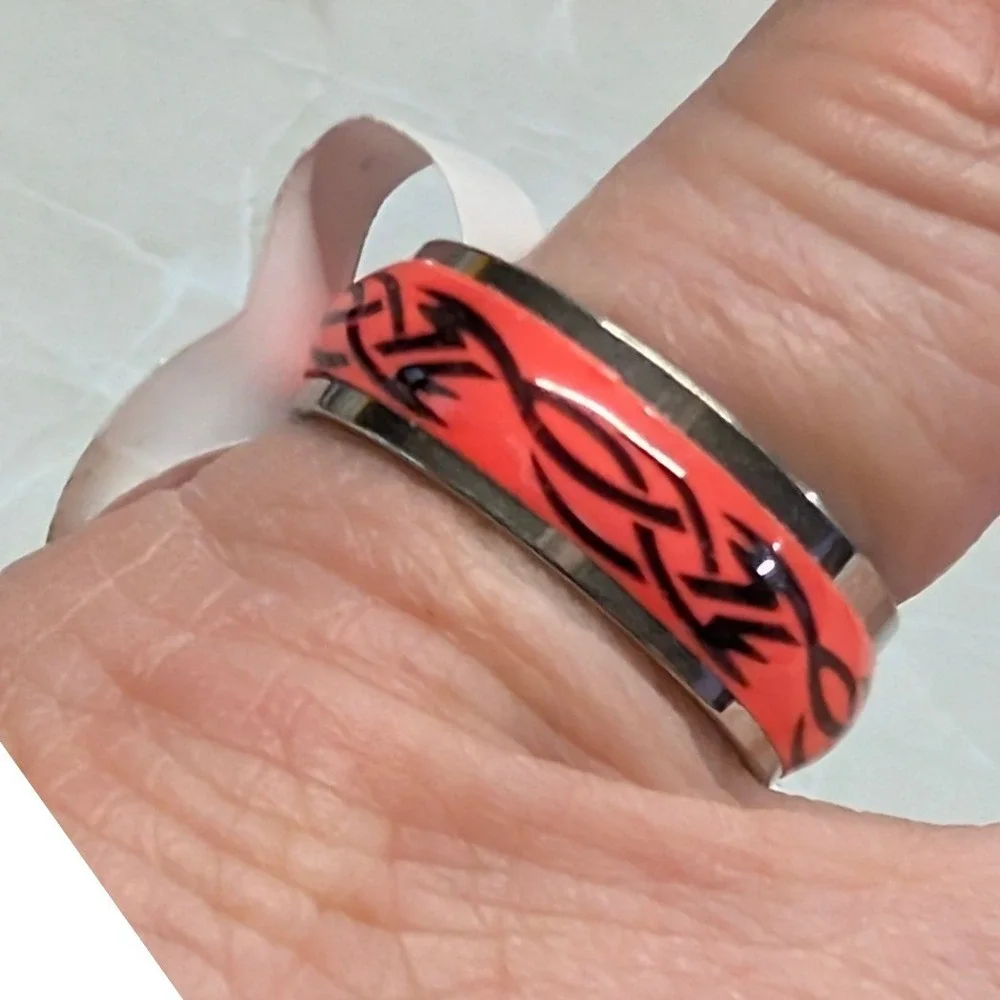 NEW Band Ring Size 7.5 Neon Orange Black Tribal Celtic Knot Stainless Steel Tag